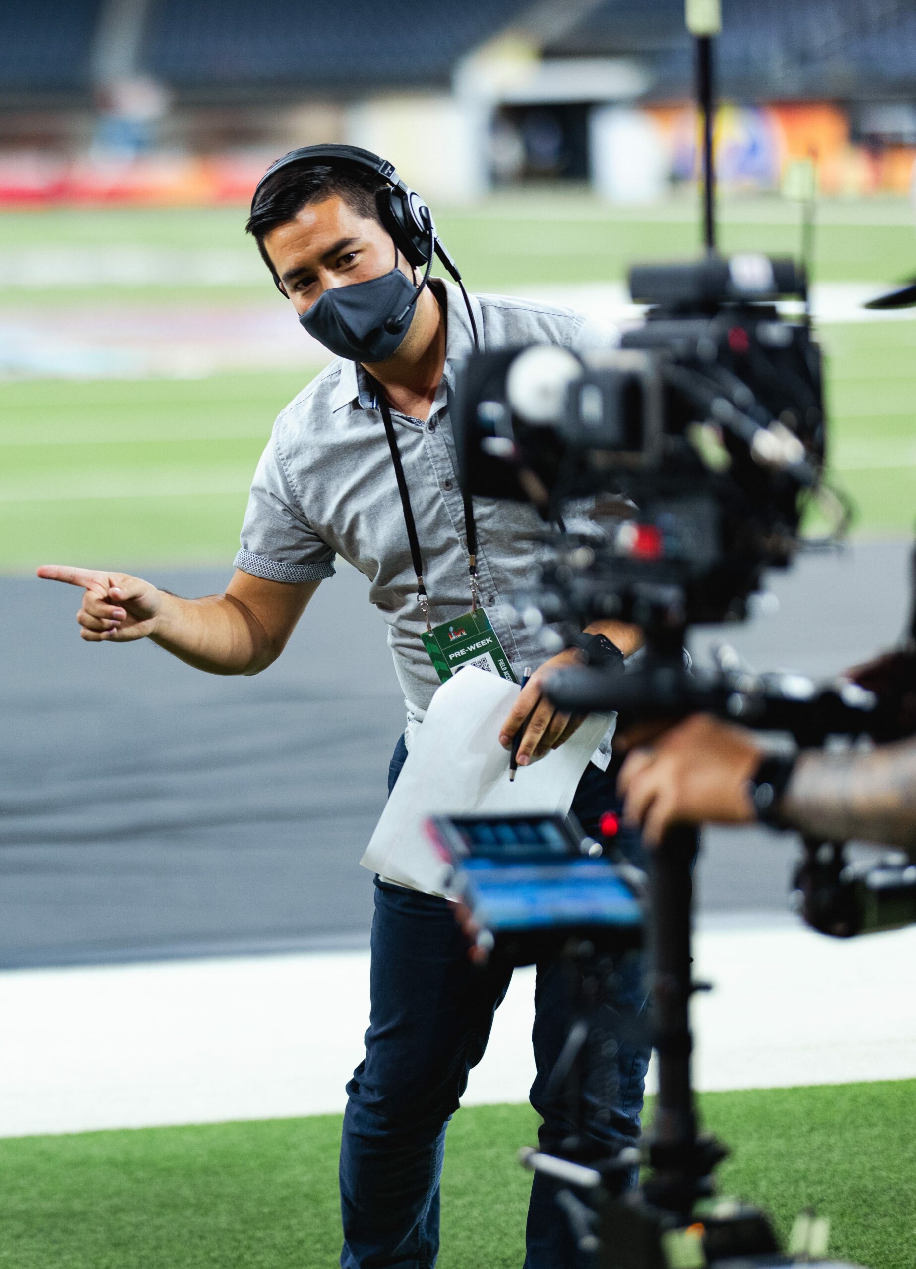 Van Wagner Field Producer working on the sidelines at Super Bowl 2022